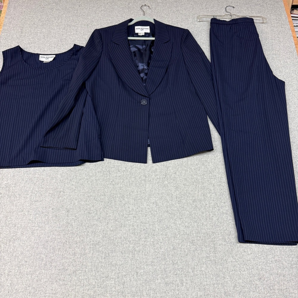 Nina Massini Pant Suit 18 Navy Blue Pinstripe 3-Piece Blazer Shell Trousers Set